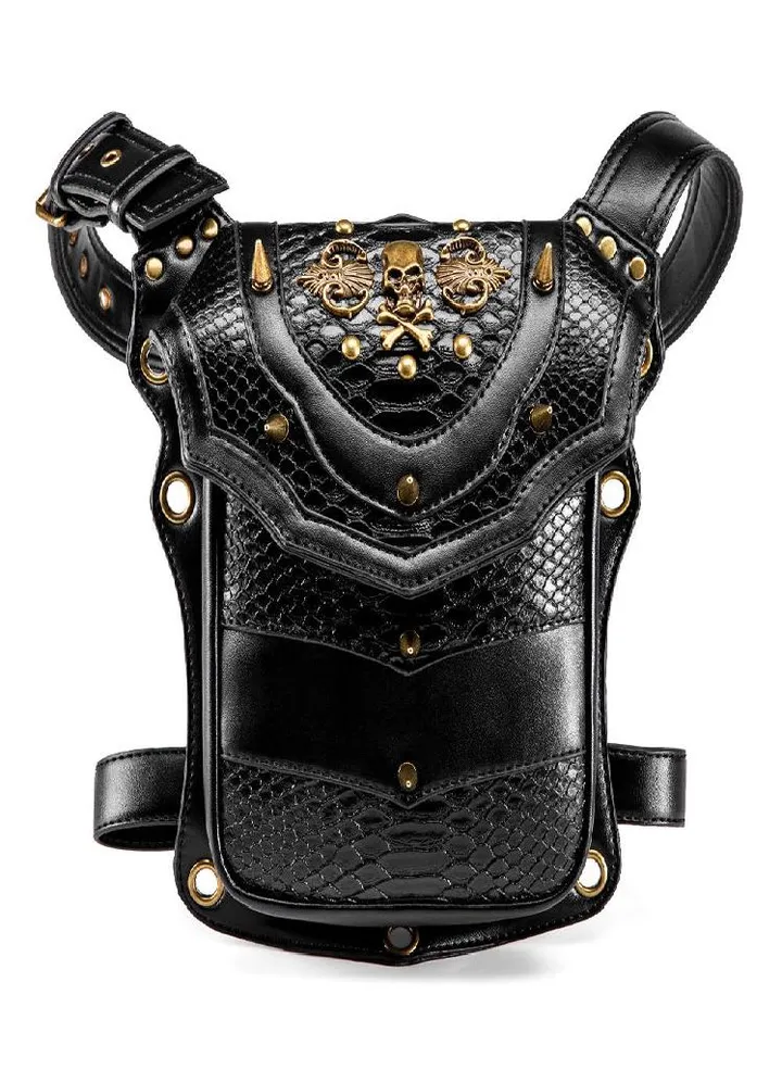 Johnature Punk Skeleton Locomotive Black Bag Fashion Rivet Moto & Biker Shoulder & Crossbody Bags Outdoor Waist Bag