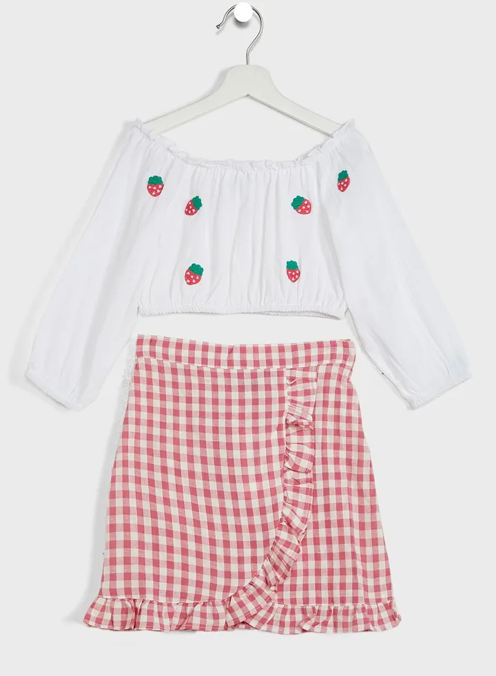 Natilene Girls White Pink Top Skirt