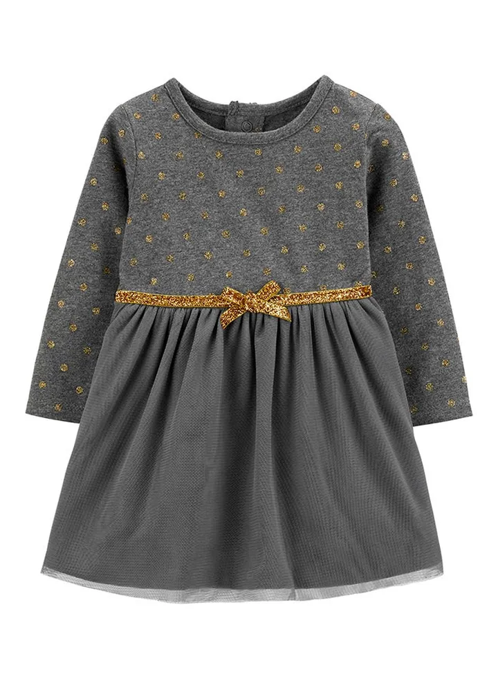Girls Glitter Polka Dot Dress & Bloomers Set Grey/Gold