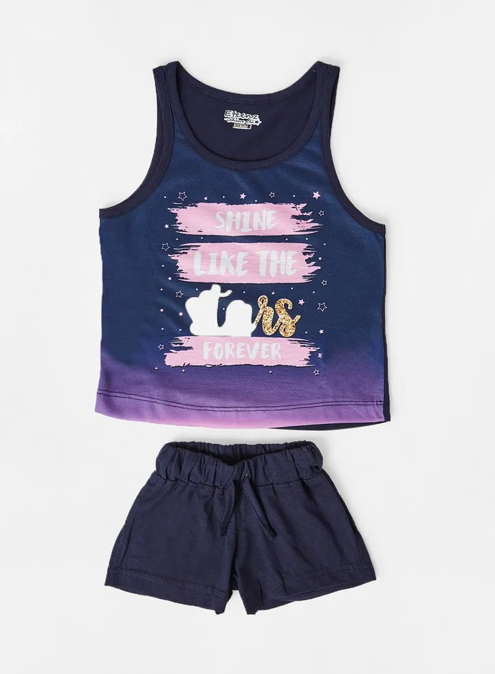Girls Comfortable T-Shirt And Shorts Set Navy Blue