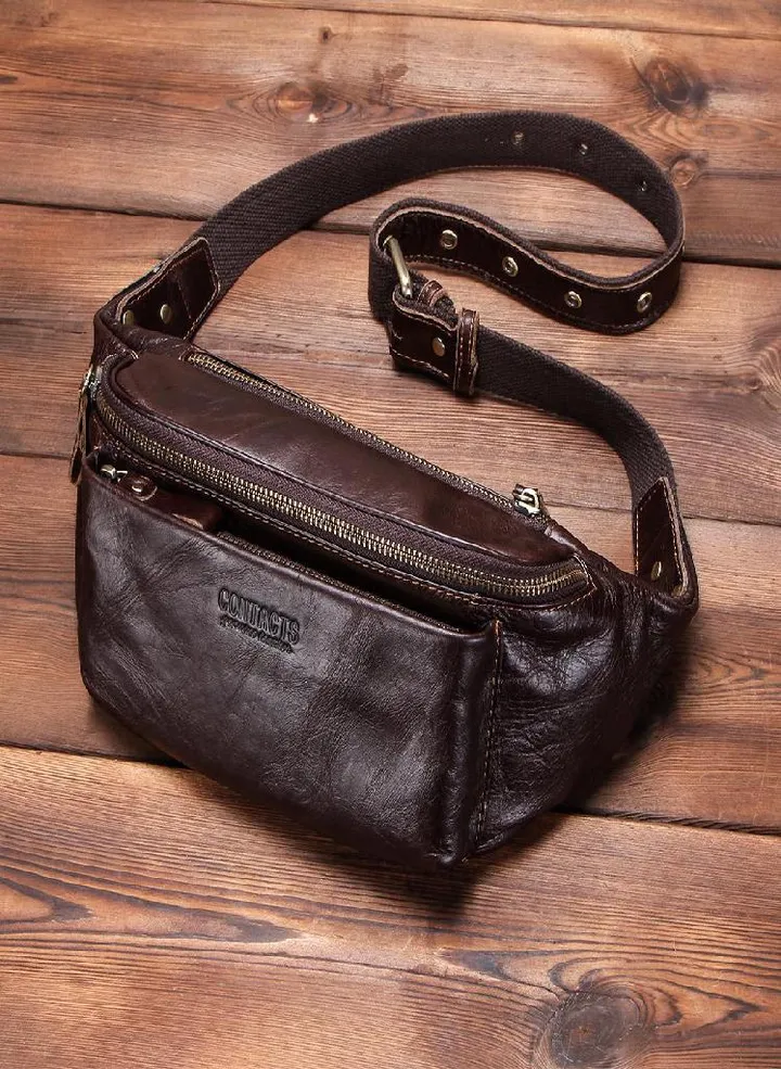 CONTACT'S Genuine Leather Men Waist Bag Crossbody Bag Vintage Travel Fanny Pack Male Belt Bag Zipper Bum Bag