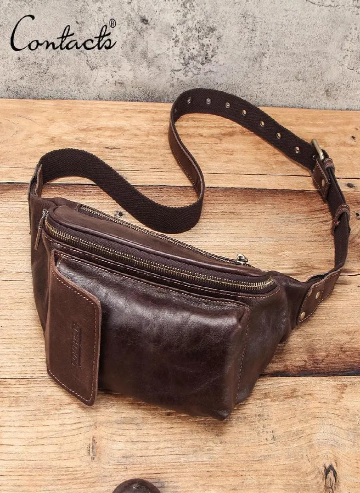 CONTACT'S Waist Belt Bag Men Genuine Leather Waist Packs Brand Organizer Male Travel Chest Bag With Phone Pocket Casual Fanny Pack