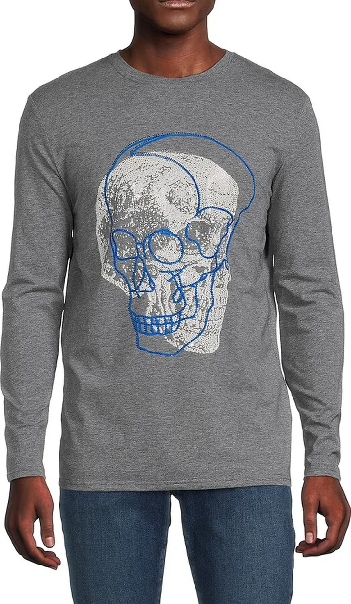 Rhinestone Skull Long Sleeve Crewneck T Shirt