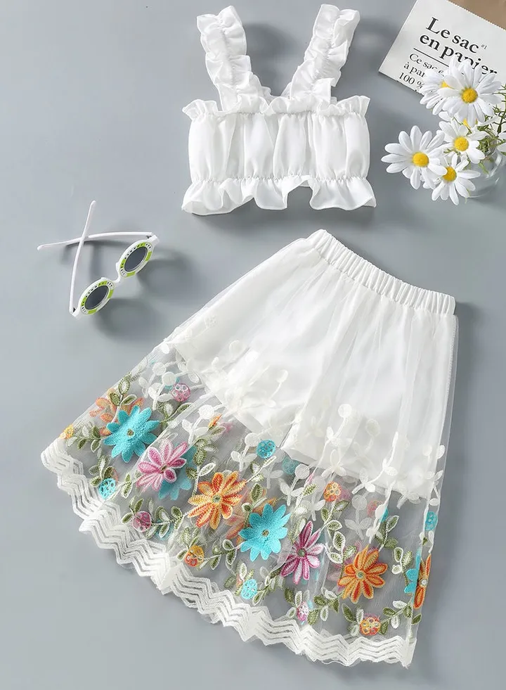 Summer Breathable Two-piece White Pattern Suspender Skirt
