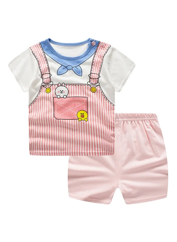 Short Sleeves T-shirt And Shorts Set Pink/White