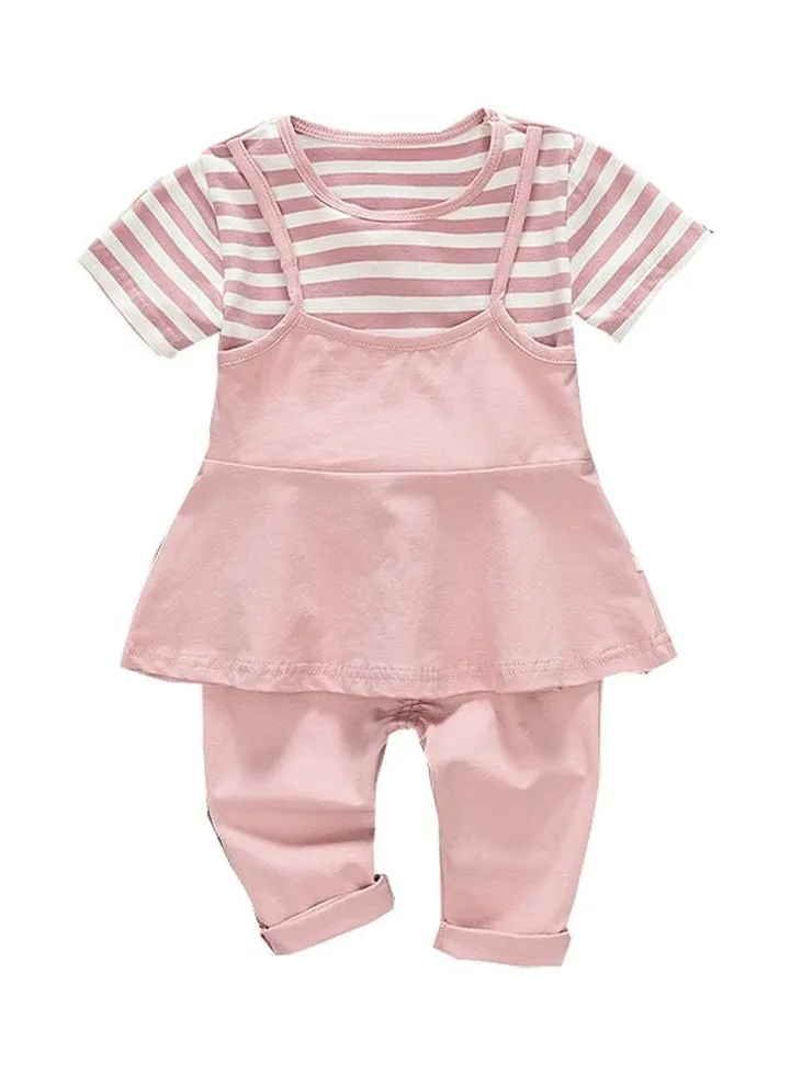2-Piece Striped T-Shirt With Pants Pink/White
