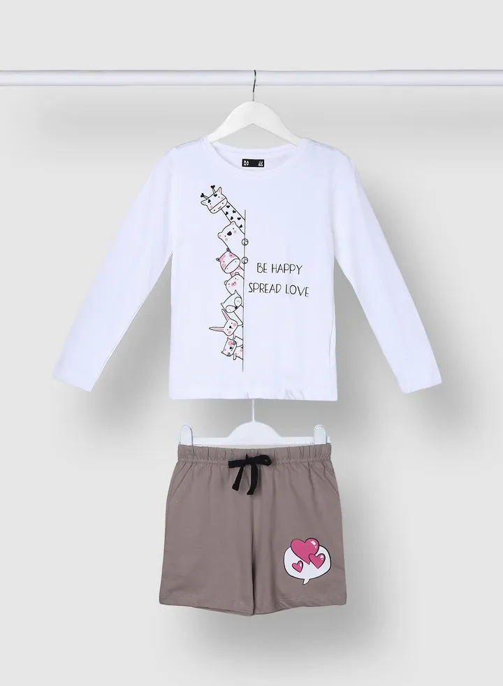 Girls Fashionable Long Sleeve T-Shirt And Shorts Set White / Grey