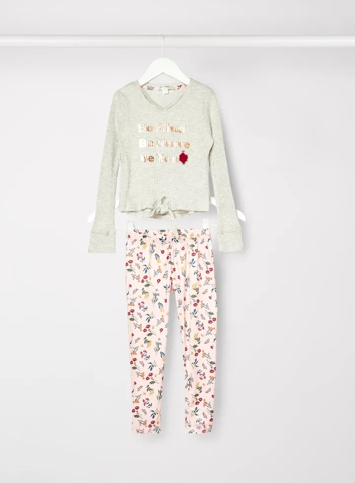 Girls Slogan Leggings Set Beige/Grey
