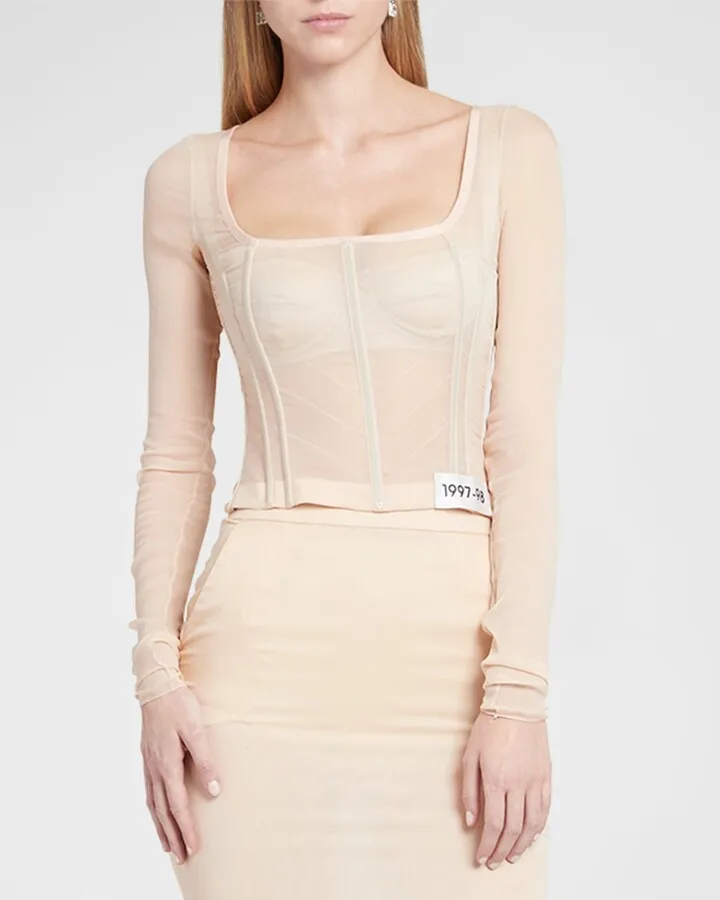 Square-Neck Long-Sleeve Sheer Corset Top