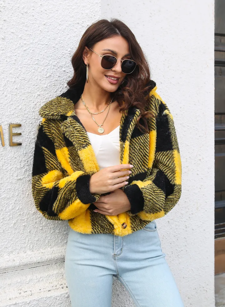 Plaid Double Sided Velvet Coat Women's Lantern Sleeve Loose Long Sleeve Coat Jacket