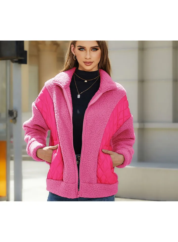 Fashion Women's Autumn and Winter New Long-sleeved Cardigan Zipper Plush Splicing Women's Coat
