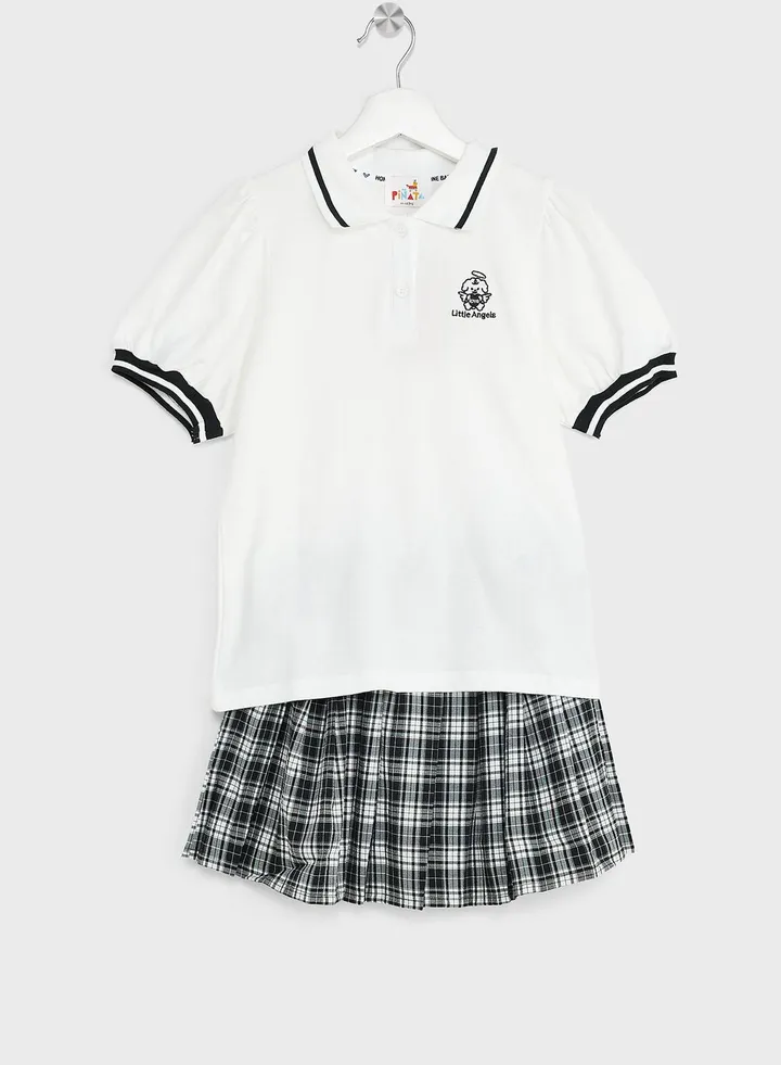 Girls Polo Shirt With Plaid Pleated Skirt Set