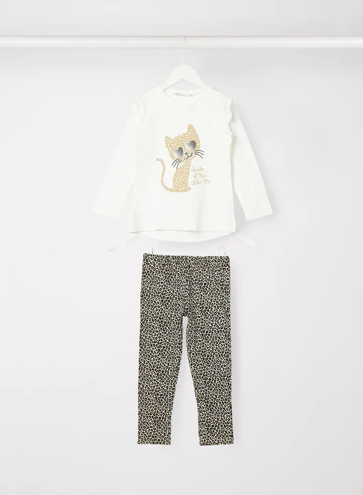 Baby Girls Cat Print Top and Pants Set White/Black