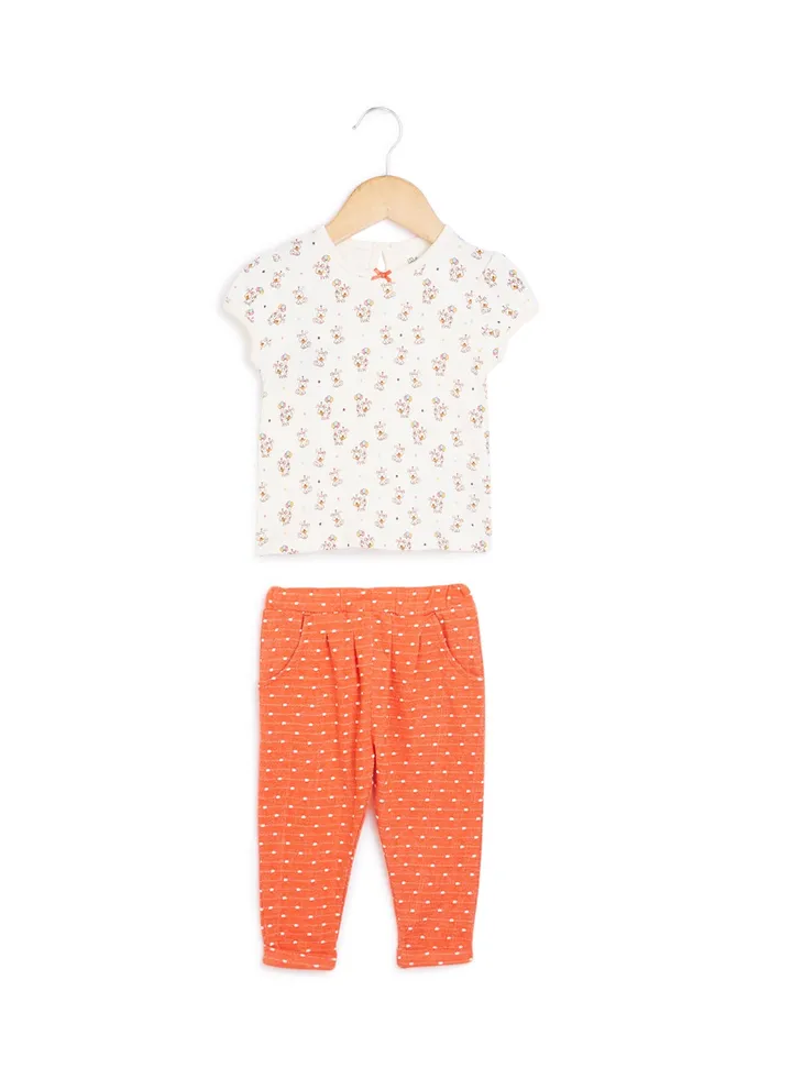 Printed Top and Leggings Set White/Red