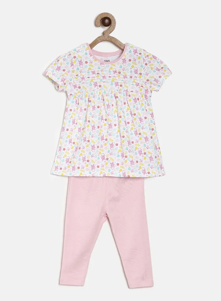 Printed Top and Leggings Set Off-White/Pink
