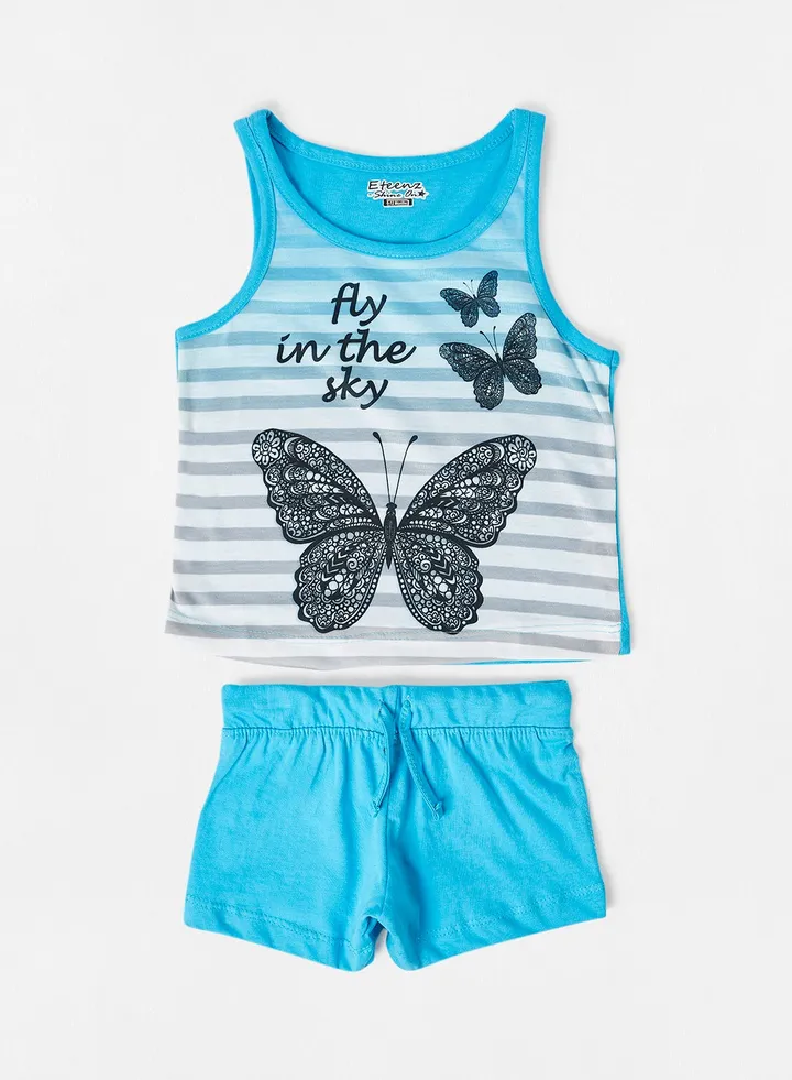 Girls Comfortable T-Shirt And Shorts Set Blue/White
