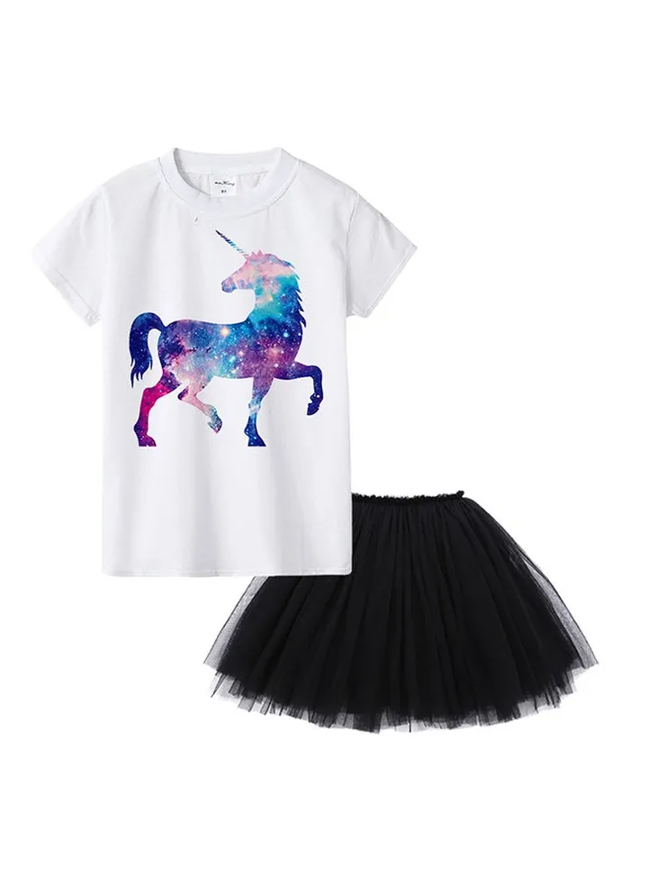 Unicorn Printed Round Neck Top With Mesh Skirt Black/White