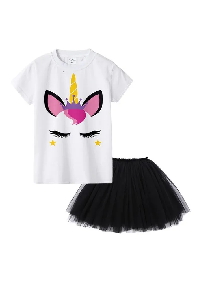 Unicorn Printed Round Neck Top With Mesh Skirt Black/White
