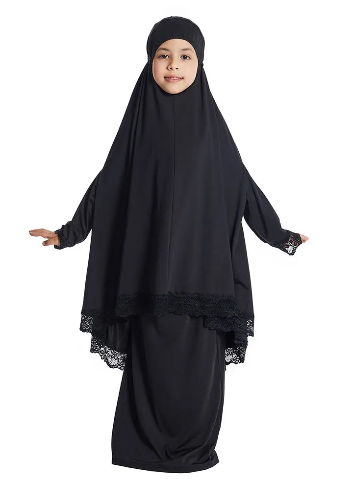 Girl's 2-Piece Clothing Set Batwing Sleeve Hooded top Abaya and half skirt Dress Black