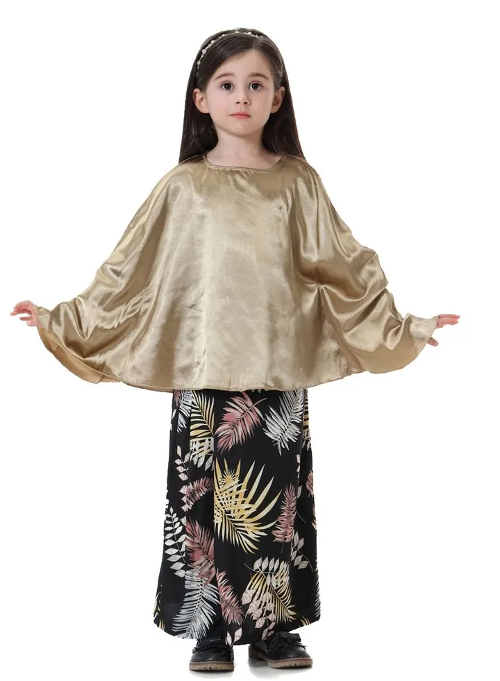 Girl's 2-Piece Clothing Set Batwing Sleeve top and printed half skirt Dress Camel/Black Printed