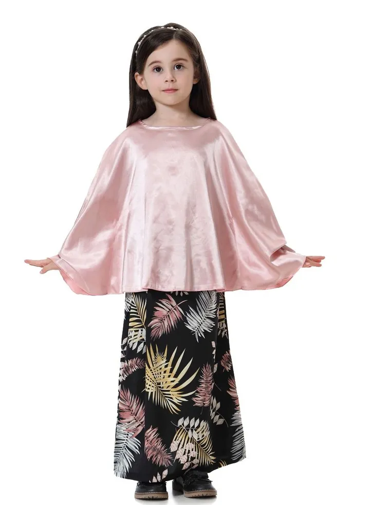 Girl's 2-Piece Clothing Set Batwing Sleeve top and printed half skirt Dress Pink/Black Printed