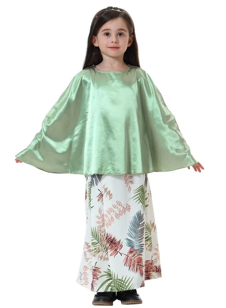 Girl's 2-Piece Clothing Set Batwing Sleeve top and printed half skirt Dress Green/White Printed
