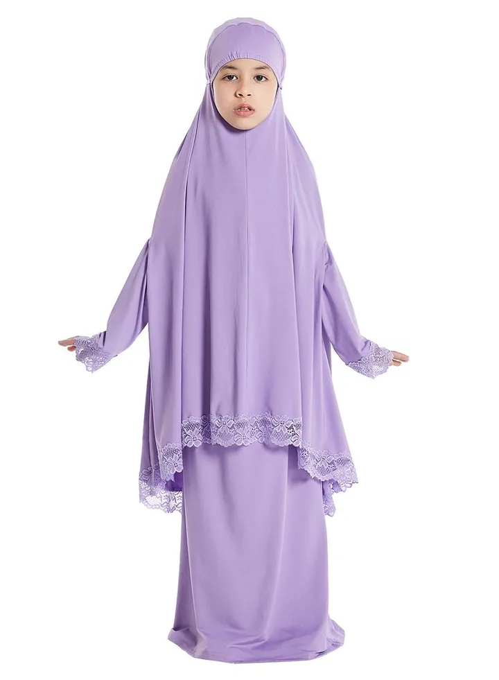 Girl's 2-Piece Clothing Set Batwing Sleeve Hooded top Abaya and half skirt Dress Purple