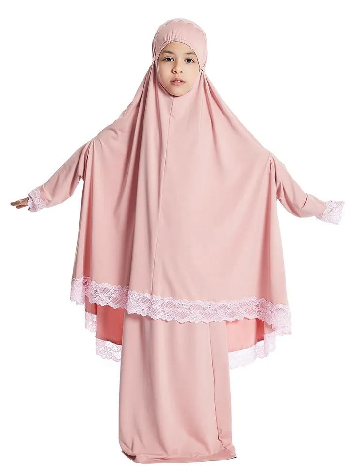 Girl's 2-Piece Clothing Set Batwing Sleeve Hooded top Abaya and half skirt Dress Dusty Pink