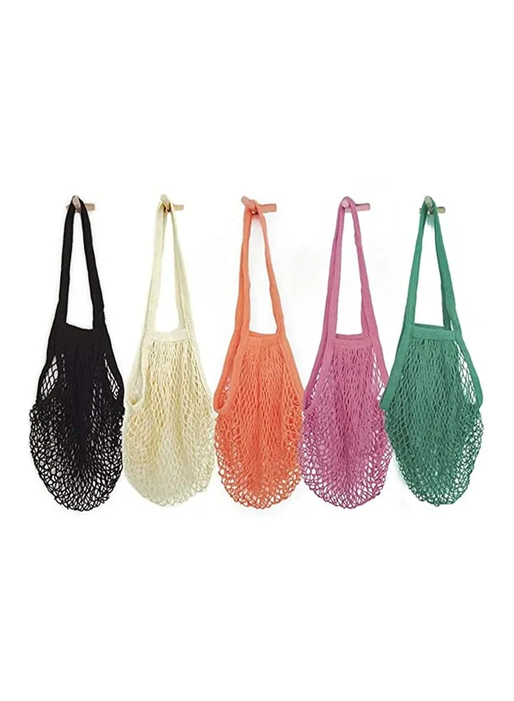 5 Pack Cotton Mesh Bag, Portable Reusable Washable Cotton Mesh String Organic Organizer Shopping Handbag Long Handle Net Shopping Bag