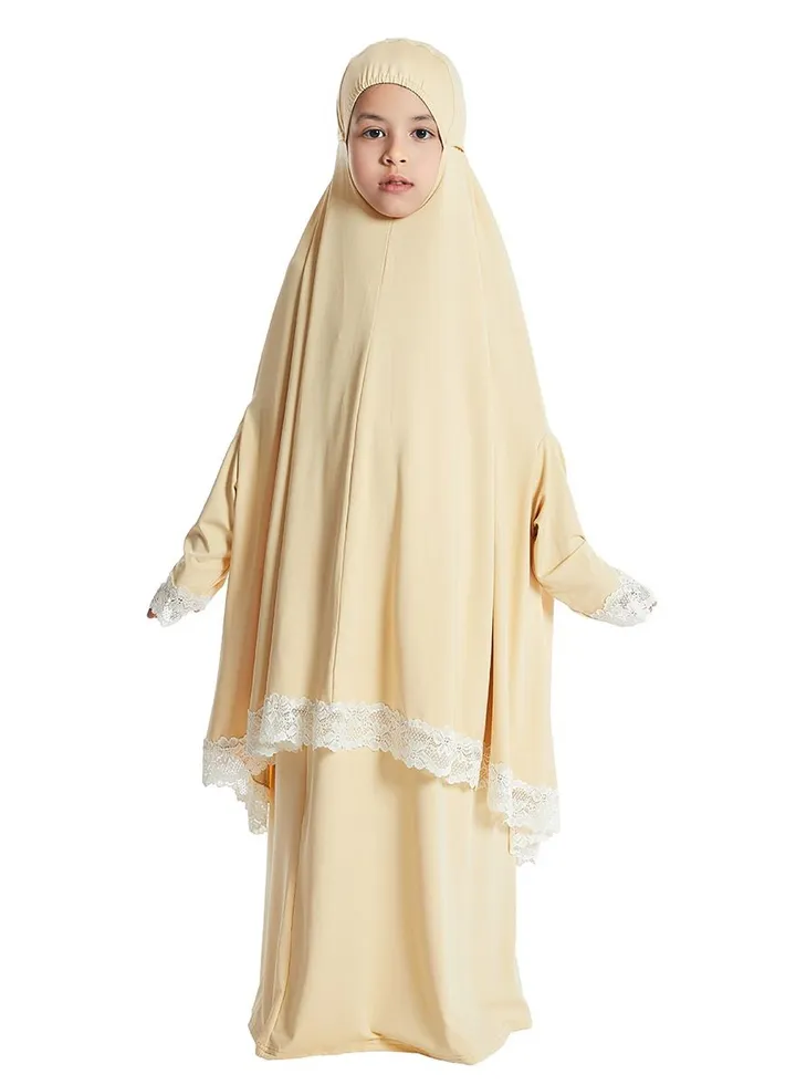 Girl's 2-Piece Clothing Set Batwing Sleeve Hooded top Abaya and half skirt Dress Light Yellow