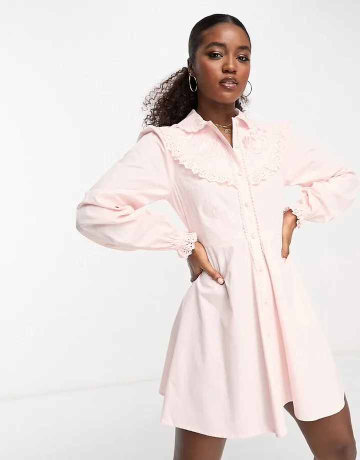Miss Selfridge embroidered poplin western detail shirt dress in pink