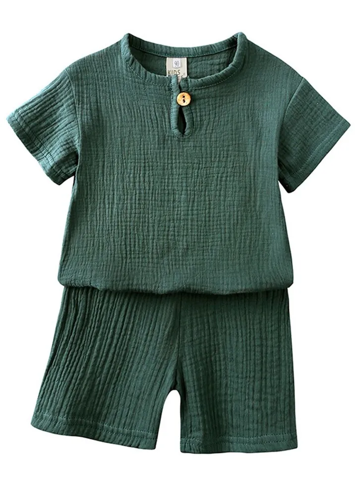 Children's Cotton Short-sleeved T-shirt Shorts Chinese Style Thin Suit Green