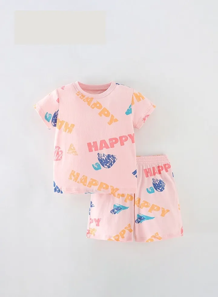 Little girls' Pink suit, summer casual short-sleeved elasticated waist pants two-piece