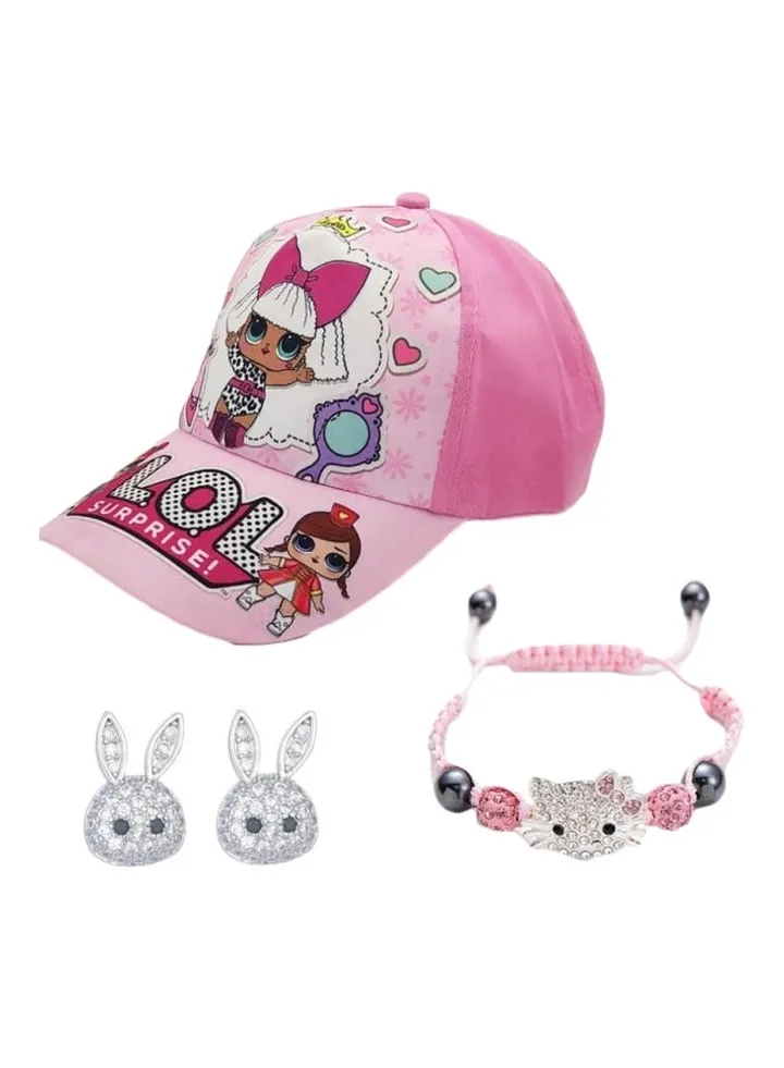 Bracelet, bunny earrings gold plated and circons and hat for girls birthday gift pink kitty rope pink