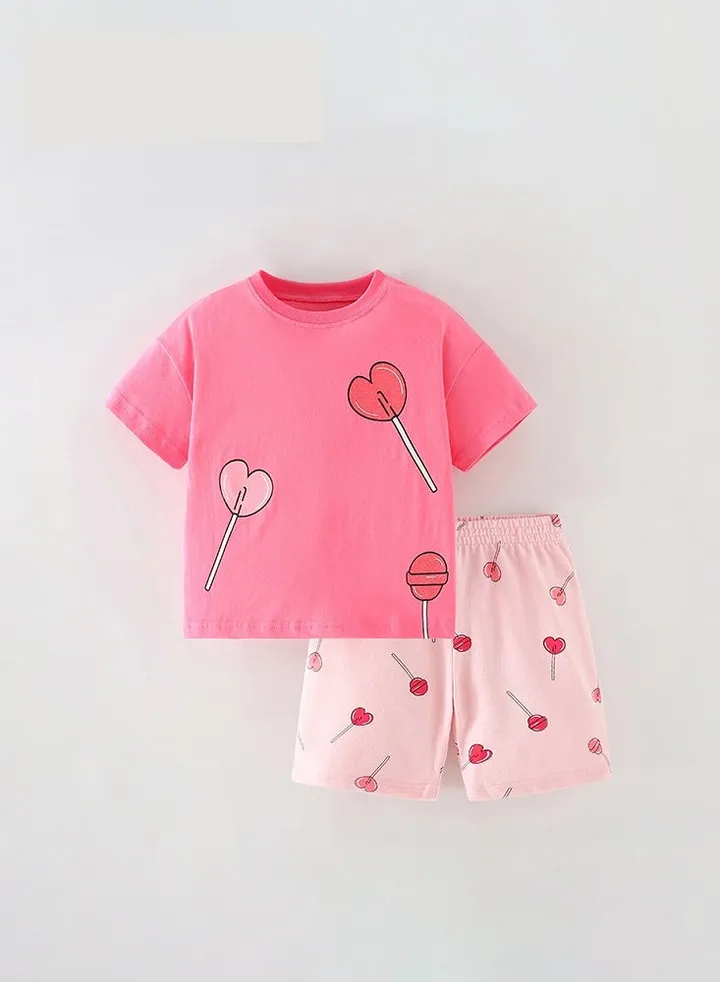 Love lollipop print little girl two-piece set, summer casual short sleeve shorts pants set,Pink