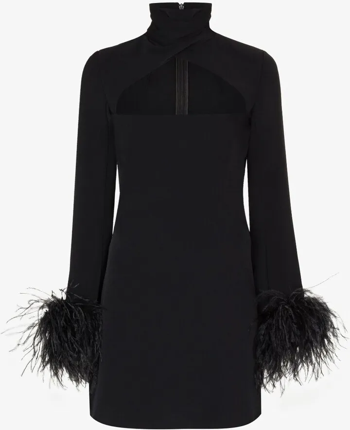 Black Odessa Cutout Feather Trim Mini Dress