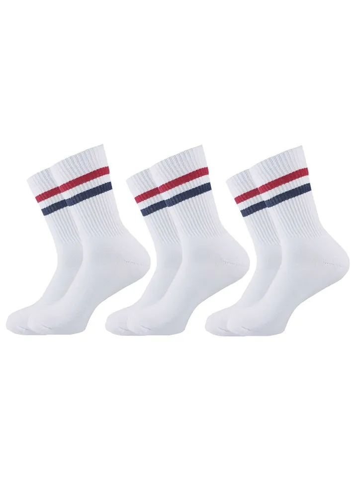 Sam socks set of 3 half towel sport sock Women white (red-blue lines stripes)