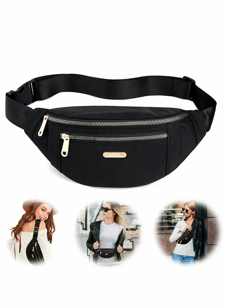 Waist Pack Fanny for Women, Large Capacity Nylon Waterproof Adjustable Backpack Sports Outdoor Travel Running Hiking (Black)