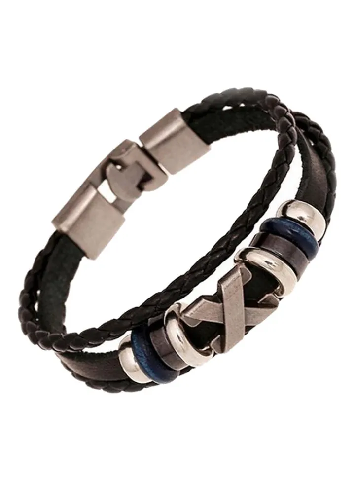 Braid Faux Leather Metal Beaded Cuff Punk Bracelet