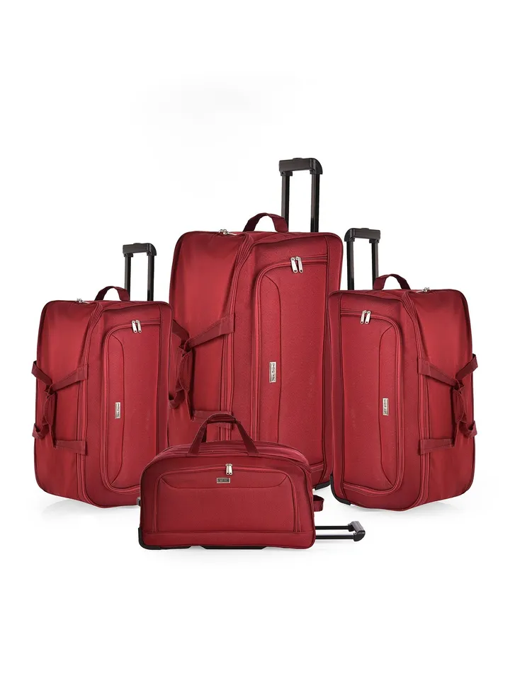 New Travel Duffle Bag Luggage Set, Fabric Trolley Travel Bag Set with Carry On Cabin Sizes, 2 Wheels and Telescopic Handle, 4 Pieces, Size 19/21/23/26 Inches, DF01/4P (Burgundy)