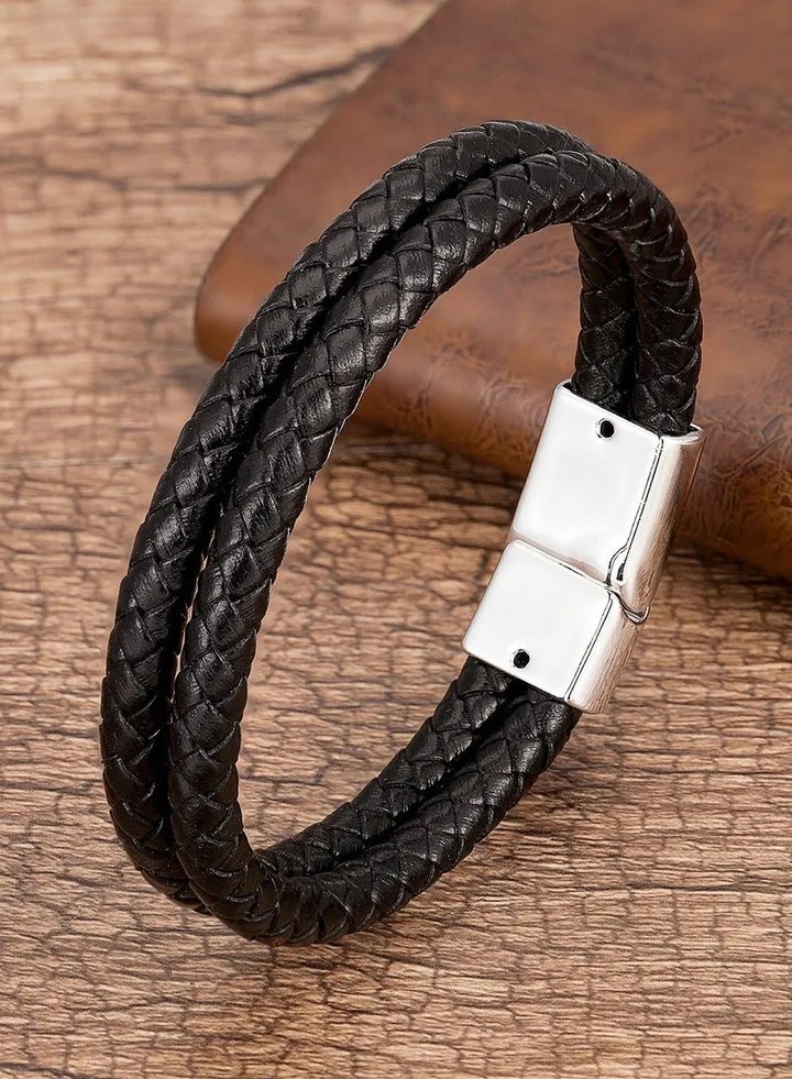 Black Leather Braided Bracelet For Men 8.2 Inch