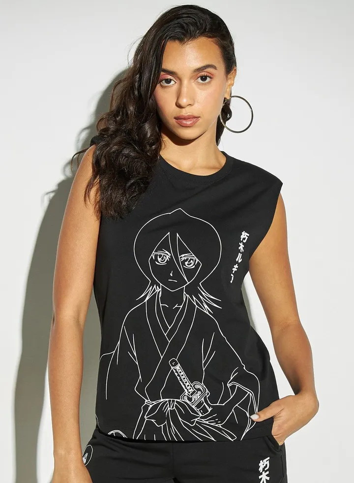 Anime Print Neoprene Sleeveless T-shirt