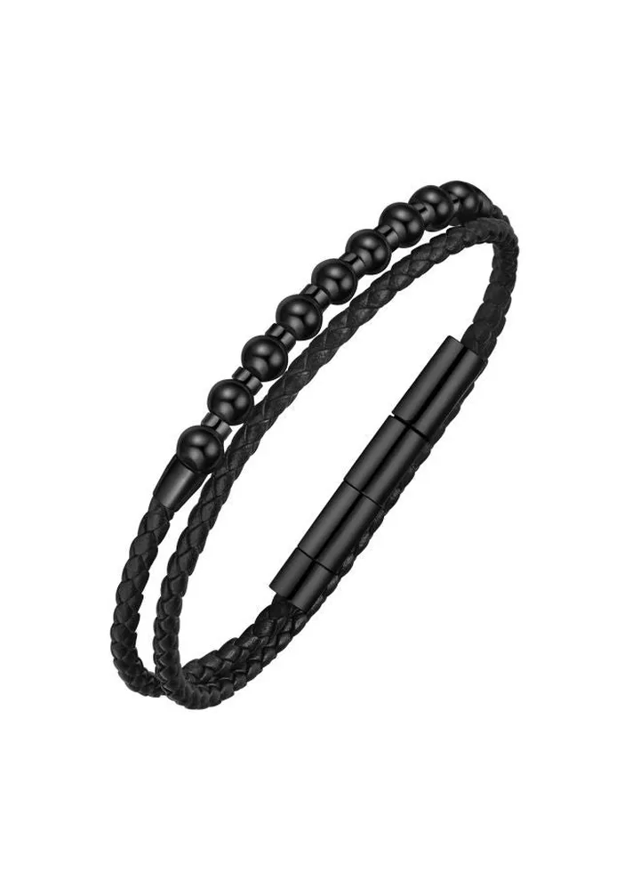 Police Kingpins Black Leather & Stainless Steel Gents Bracelet - PEAGB0005445