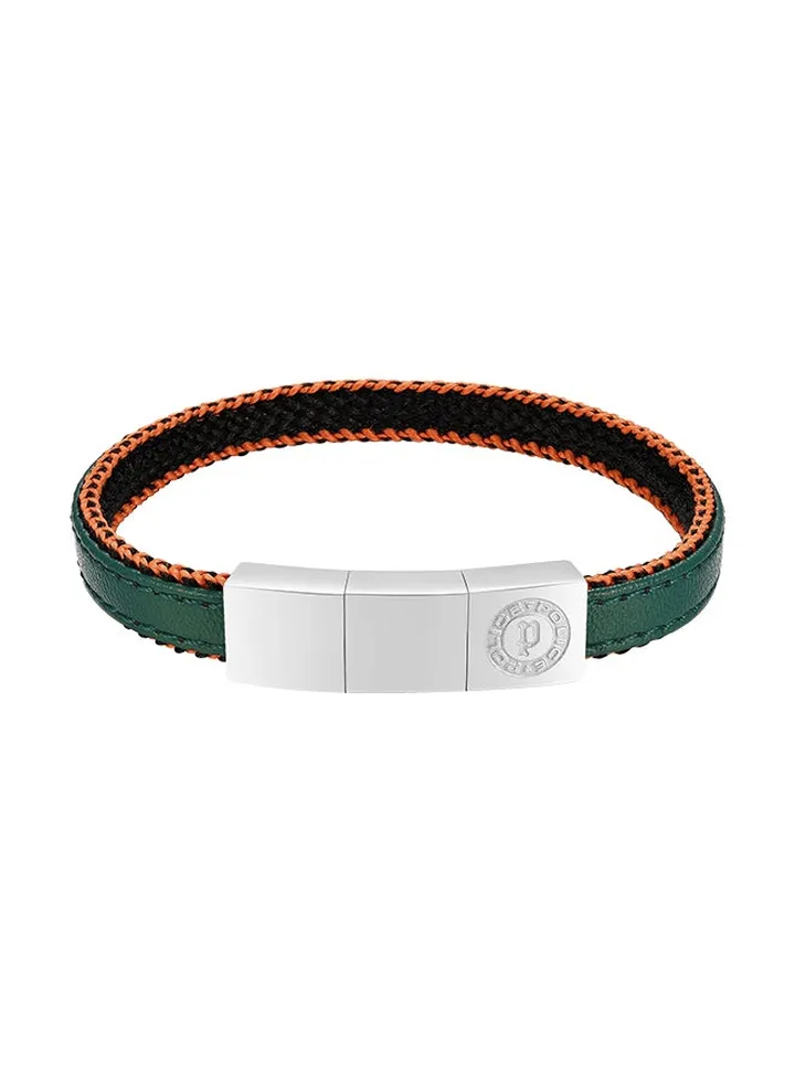Police Intertwined Dark Green Leather Orange Stitch With Stainless Steel Logo Gents Bracelet - PEAGB0033002