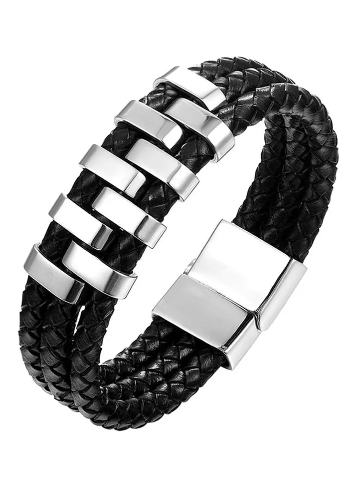 Titanium And Stainless Steel Cuff Braided Leather Rope Bracelet