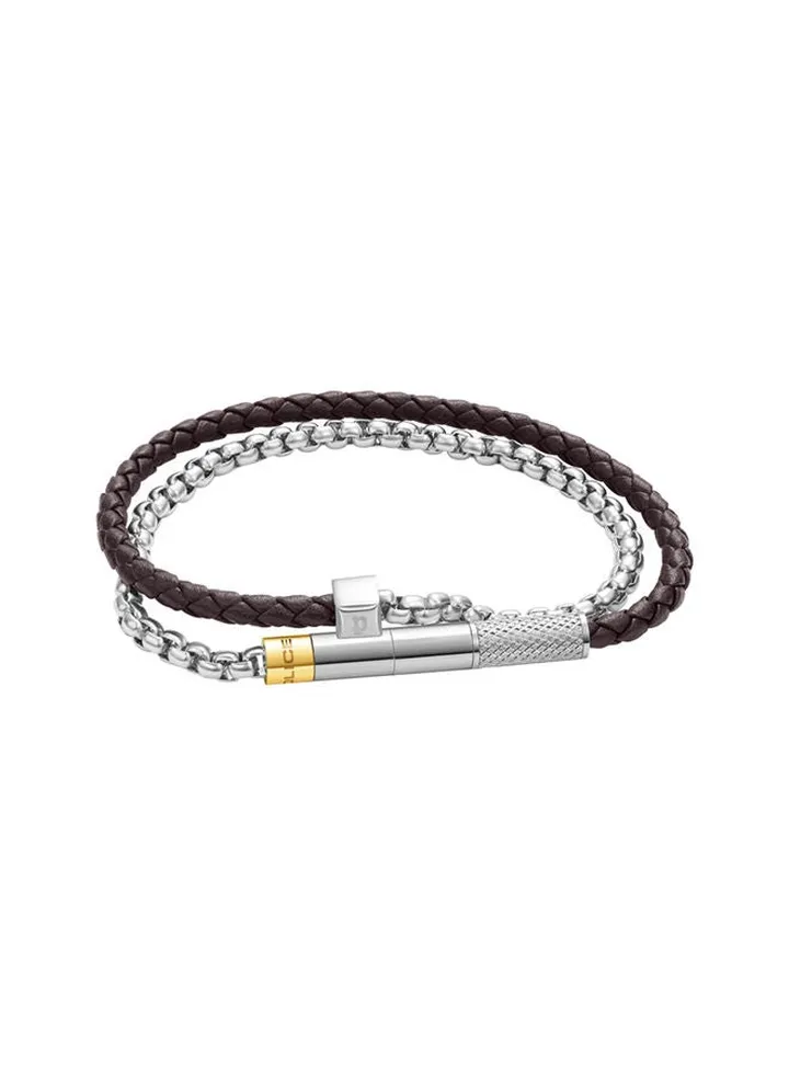 Police Blend Dark Brown & Silver Leather & Stainless Steel Gents Bracelet - PEAGB0011502