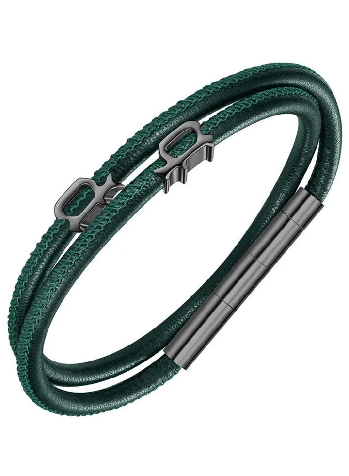 Police Pipe Green & Gun Leather & Stainless Steel Gents Bracelet - PEAGB0012102