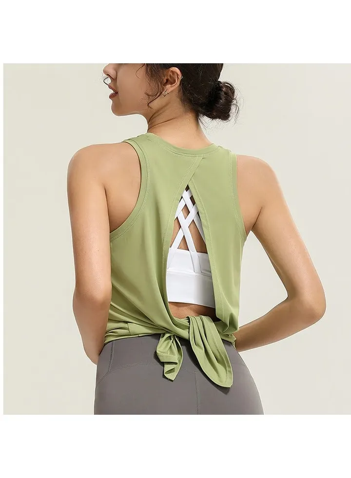 Women's Pima Cotton Workout Sleeveless Shirts Round Neck Yoga Vest Open Back Sport Tank Tops Green