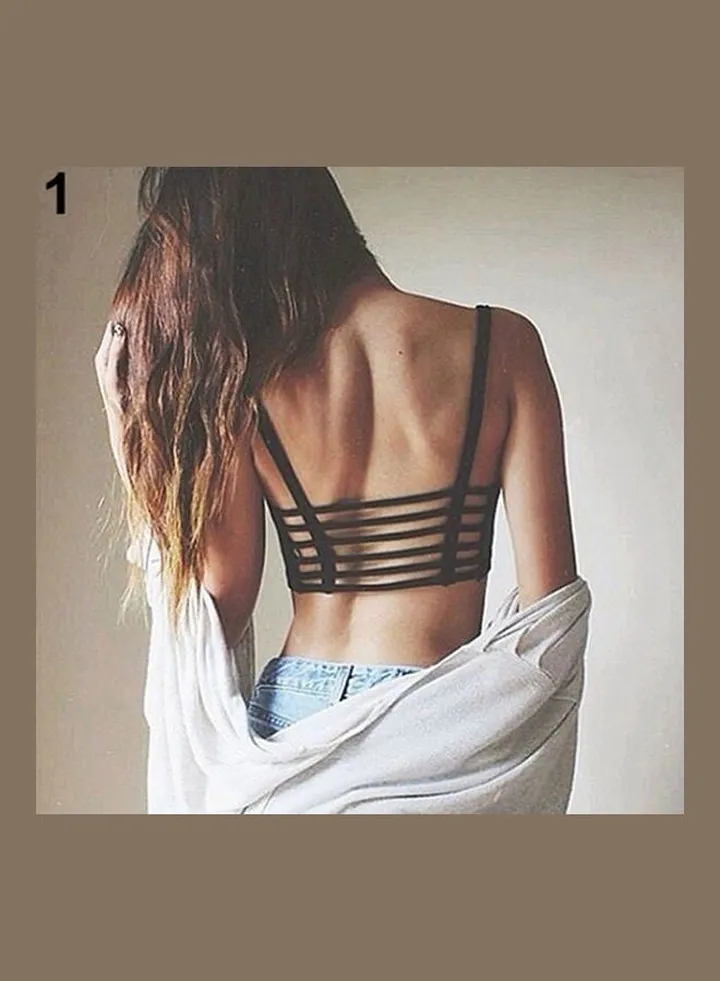 Women's Bralette Back Cut Out Spaghetti Padded Bra Vest Hollow Crop Top Black