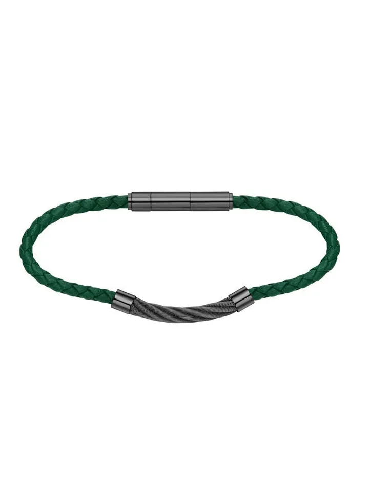 Police Kingpins Green & Gun Leather & Stainless Steel Gents Bracelet - PEAGB0005449